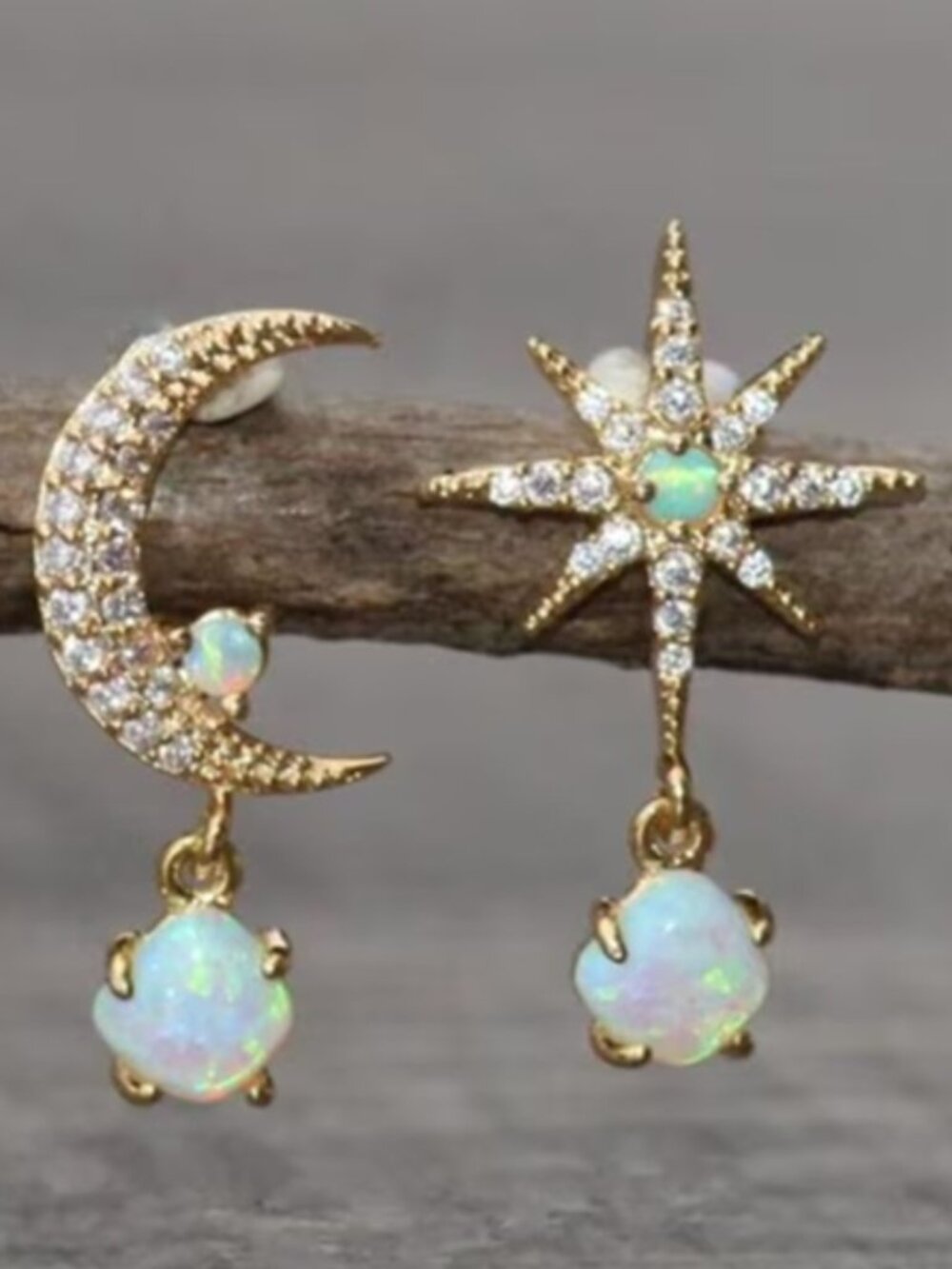 DESIGNER Moon & Starburst Gold Clear Crystal/Faux Opal Mismatch Earrings**NEW!